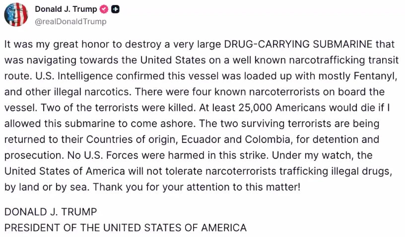 Трамп повідомив про знищення підводного човна з великим вантажем наркотиків