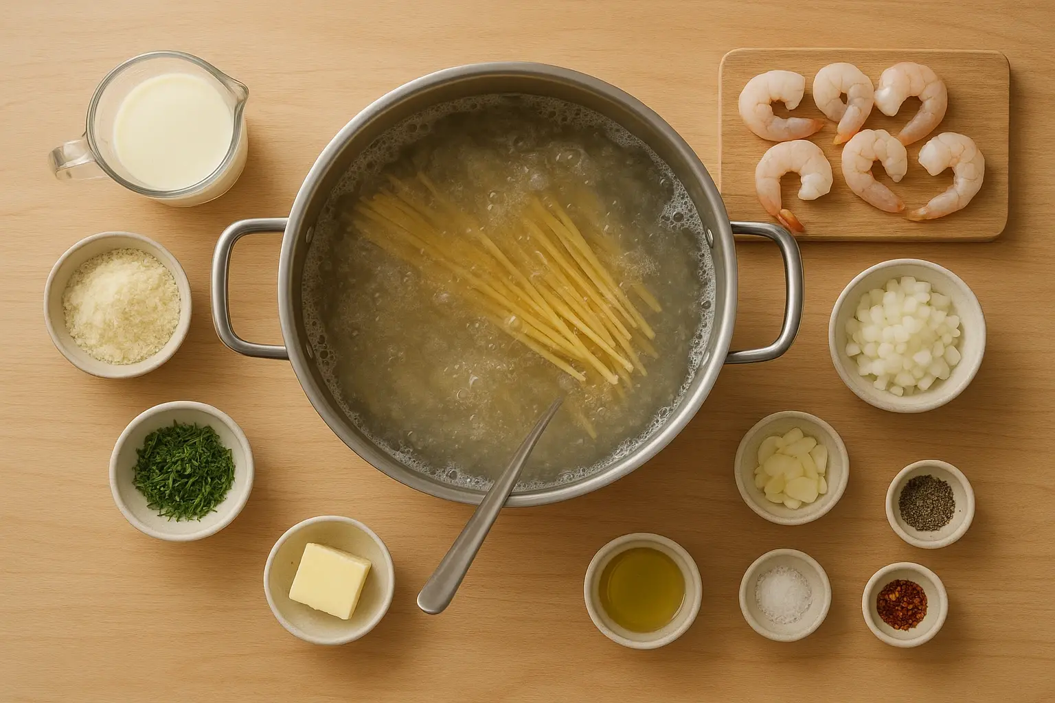 макароны с креветками