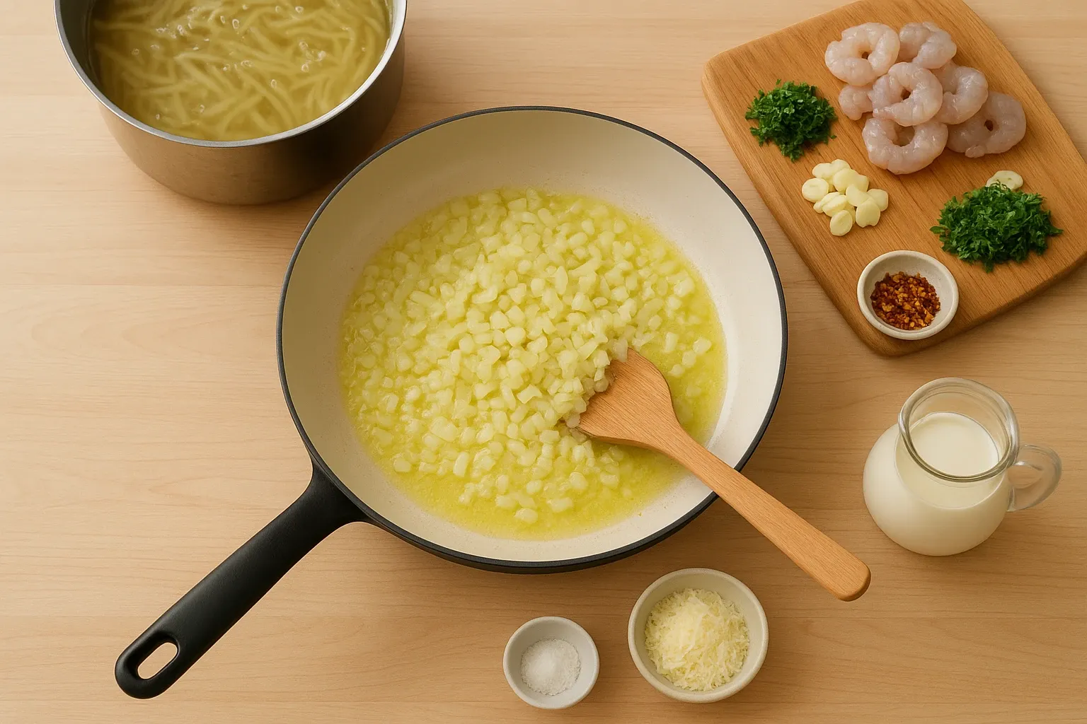 макароны с креветками