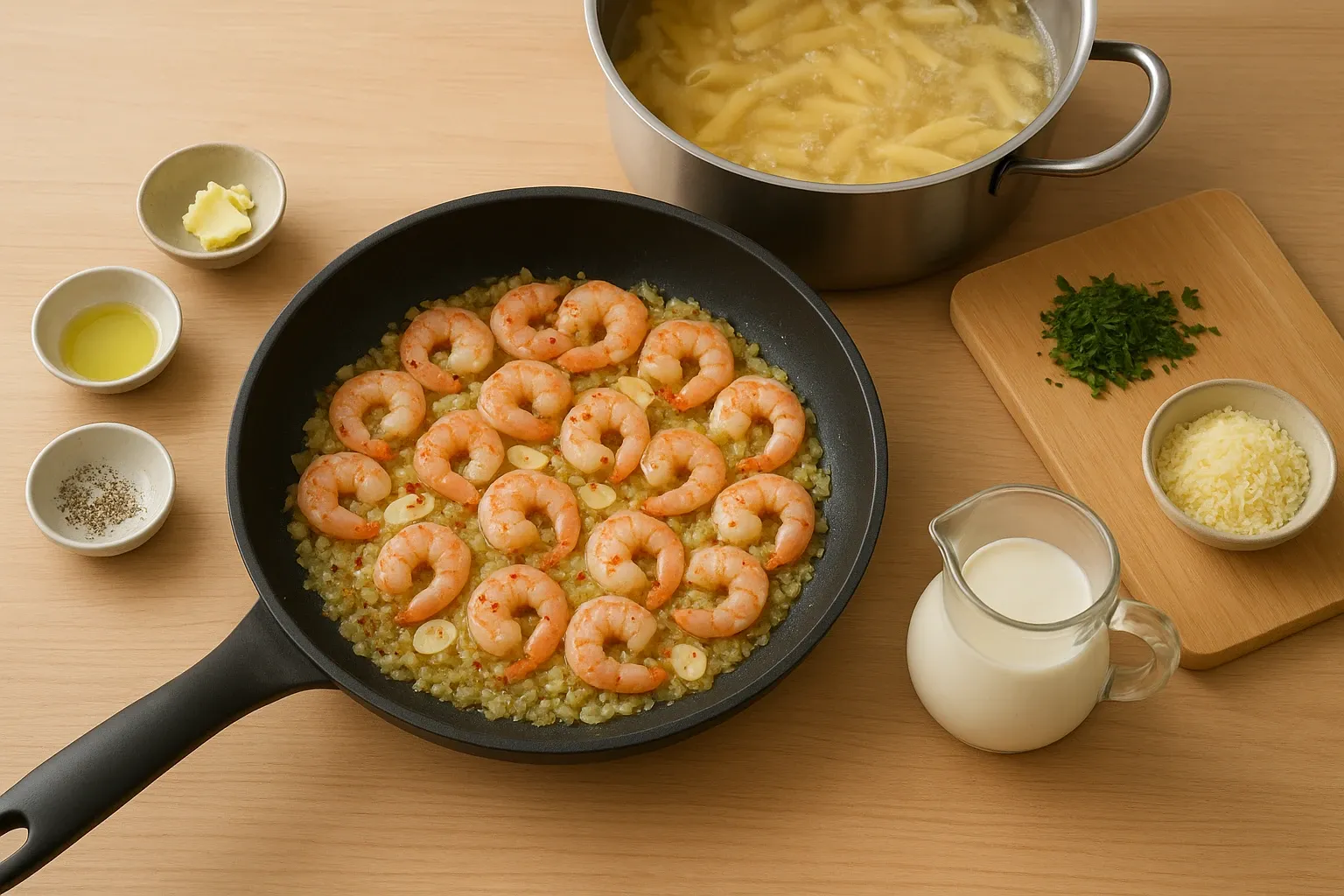 макароны с креветками