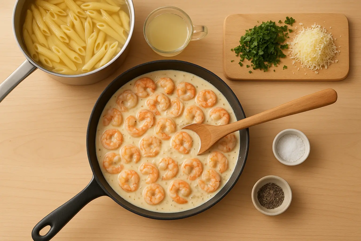 макароны с креветками