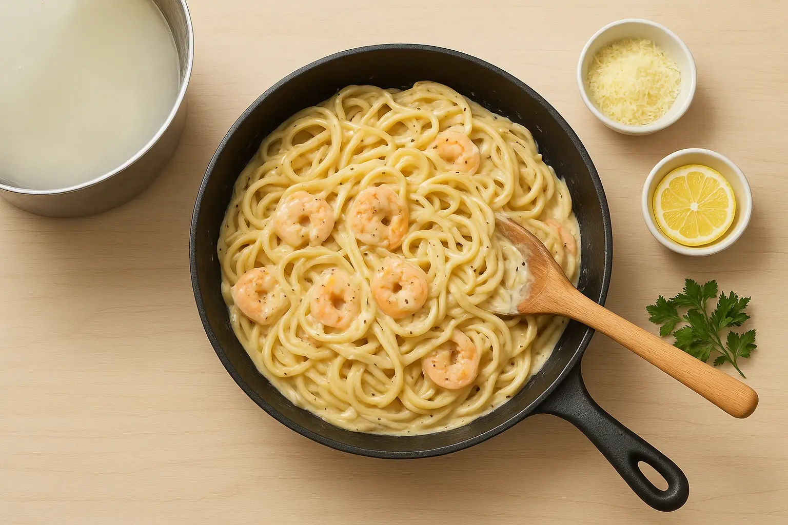 макароны с креветками